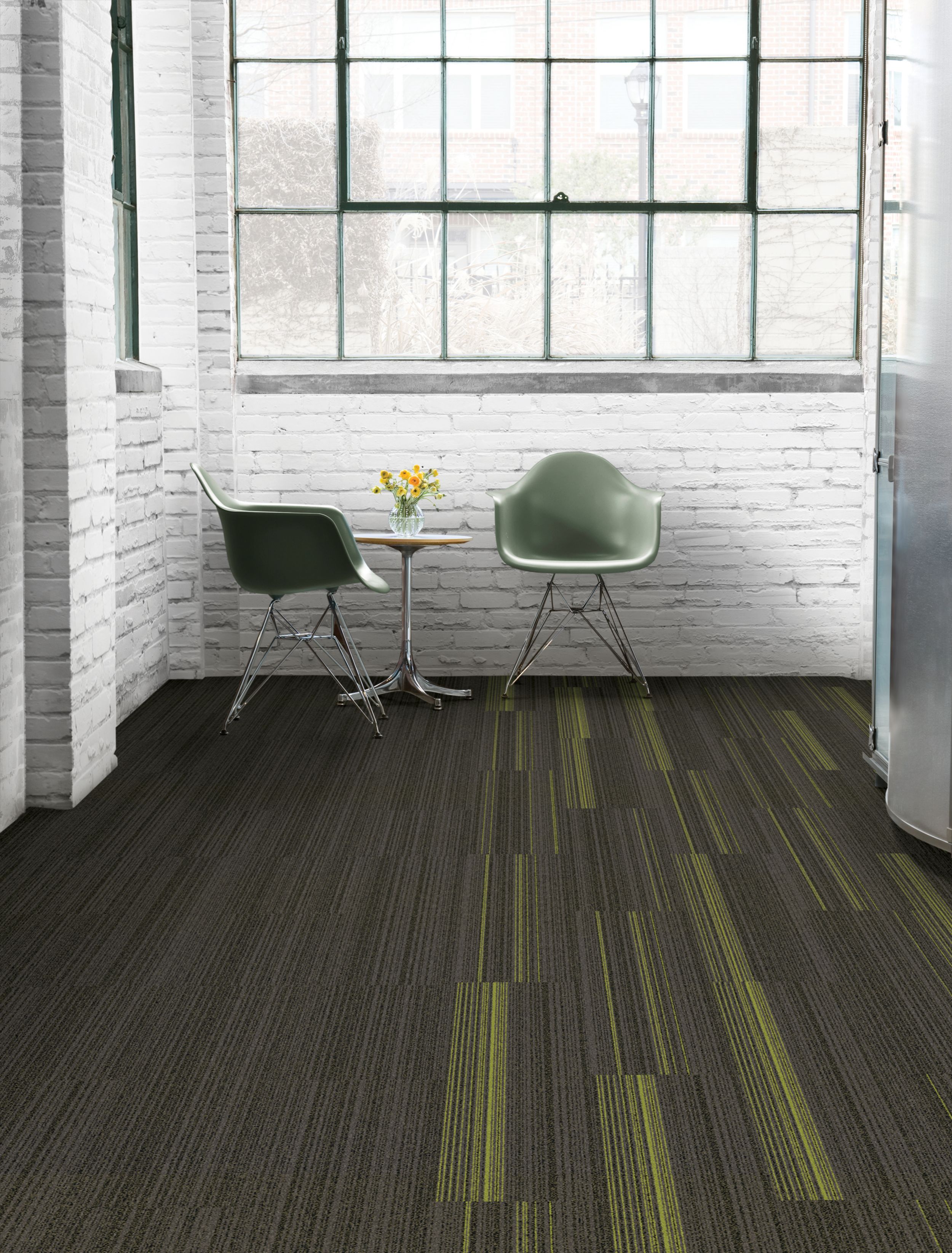 Interface BP410 and BP411 plank carpet tile in coorridor with green chairs image number 5
